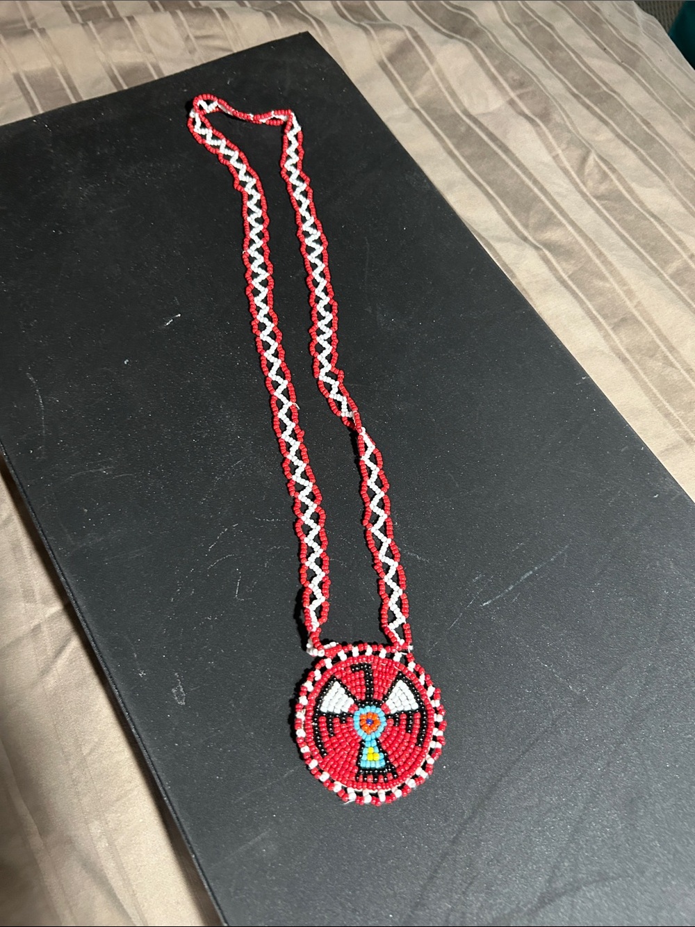 Vintage Handmade Native American Beaded Seed Thunderbird  Necklace
